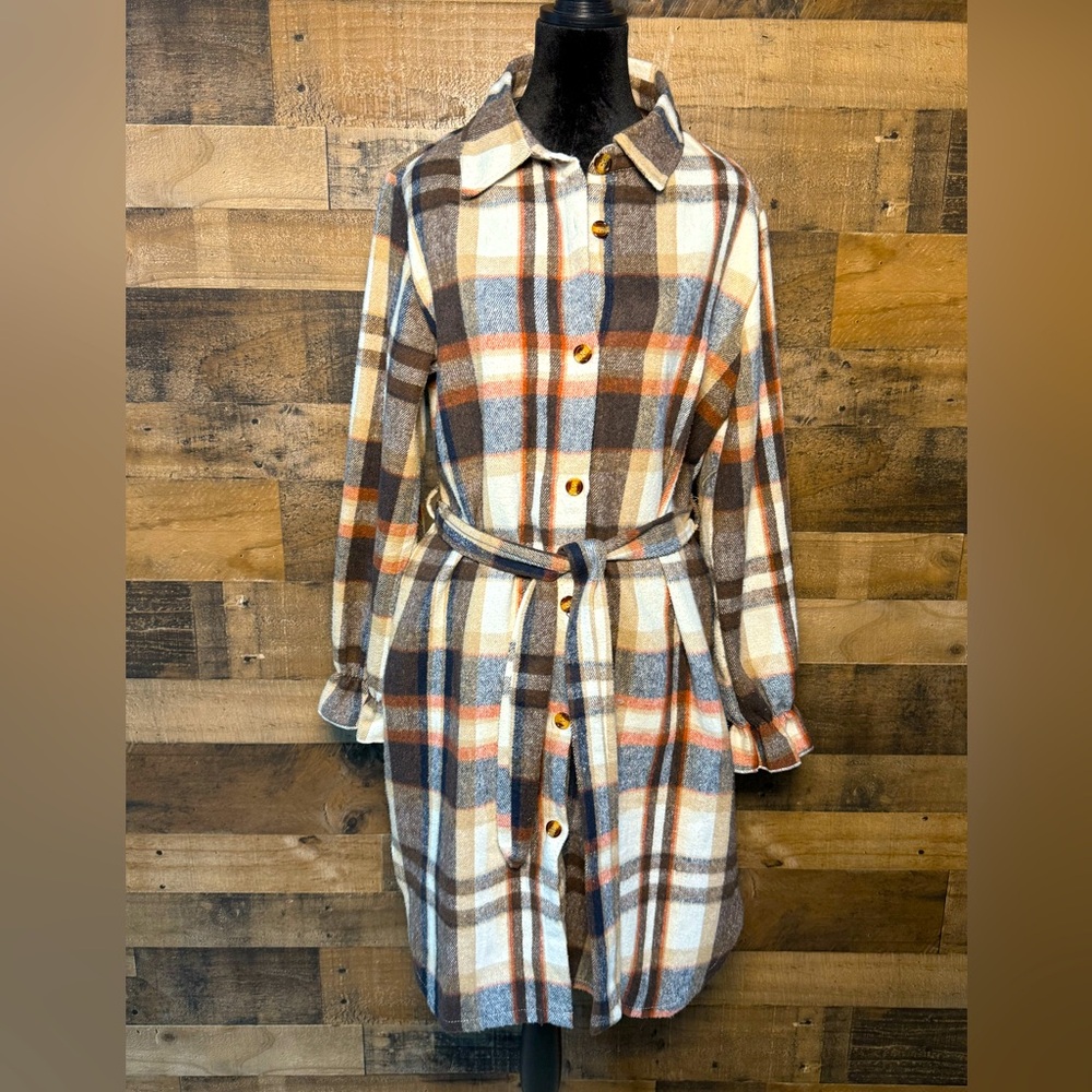 Plaid Women's Ivory Brown Red Belted Jacket Blazer Pea Coat Large L CT - Picture 1 of 4